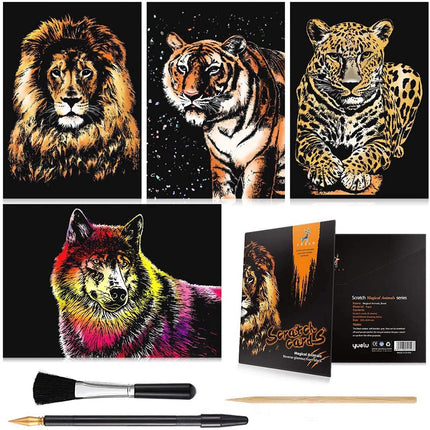 4PCS Rainbow Scratch Art Painting Paper A4 for Kids & Adults, Night View Art Craft