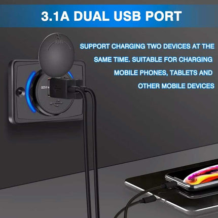 Dual QC3.0 USB Port Car Fast Charger 3.1A 12/24V Socket Power Outlet Panel Caravan RV
