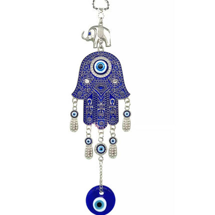 Turkish Blue Evil Eye Hamsa Hand with Elephant Wall or Car Hanging Amulet Gift