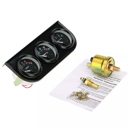 Car 52mm Electronic Triple Gauge Kit Oil Pressure + Water + Tem +Voltmeter Meter