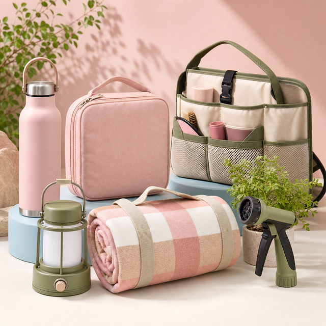 Outdoor and leisure collection cover with pink ecommerce styling