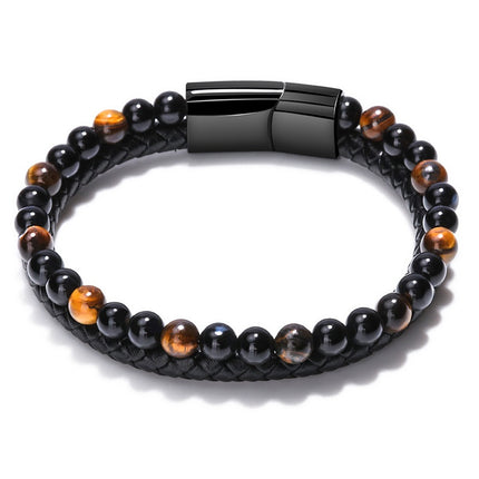Me Natural Tiger Eye Stone Beads Bracelet Matte Black Onyx Leather Bracelet 23CM