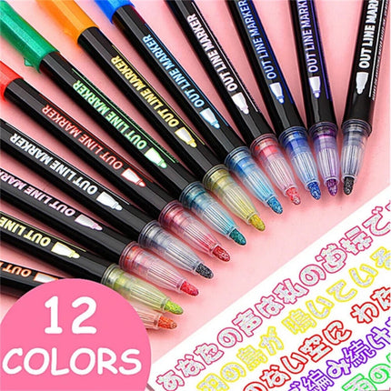 12 Colors Drawing Double Line Outline Pen Highlighter Marker Pens For School