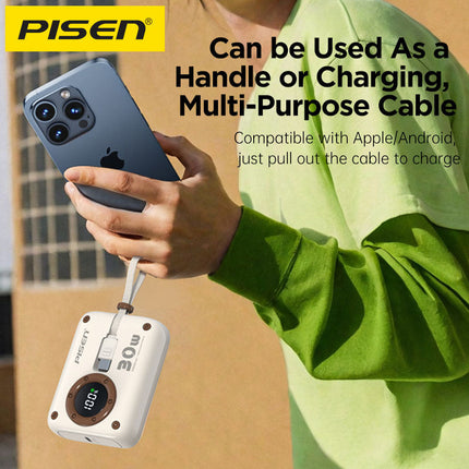 Pisen PowerPix 30W Power Bank 10000mAh with Built-in Cable, CCC Certified, White