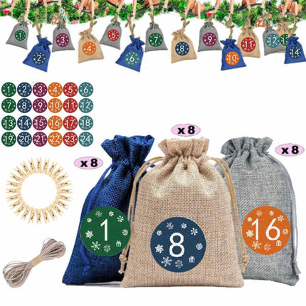 24X Christmas advent calendar bags 24 days fabric bags with drawstring Kit