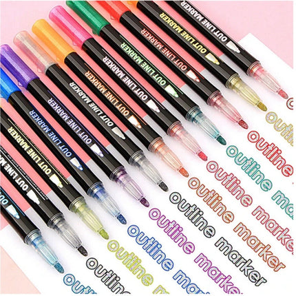 12 Colors Drawing Double Line Outline Pen Highlighter Marker Pens For School