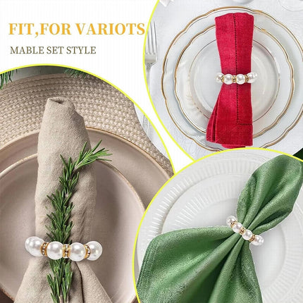 2Pcs Beaded Imitation Pearl Napkin Rings, Silver & Gold Dinner Table Decor Holders