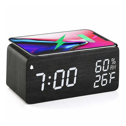 Modern Wooden Wood Digital LED Desk Alarm Clock Thermometer for Wireless Charger