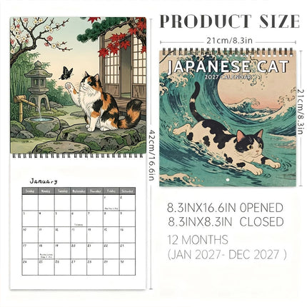 Japanese Cat 2027 Wall Calendar Month to View Hanging Calendar Cat Calendar