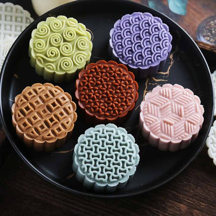 Hand‑Press Mooncake Mold Set with 6 Geometric Pattern Stamps, DIY Baking Tool for Mooncake & Mung Bean Cakes