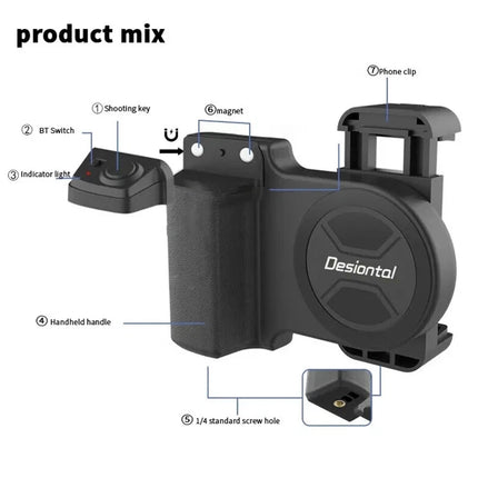 Clip Style Bluetooth Phone Camera Handle Grip, Portable Selfie Stabilizer with Remote Shutter