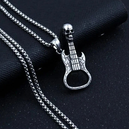 Hip Hop Biker Skull Guitar Pendant Necklace - Stainless Steel Rock Music Style Gift