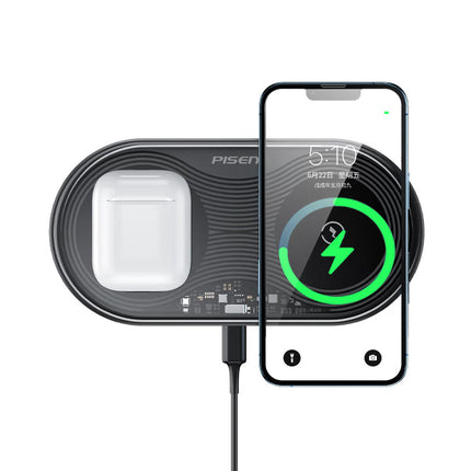 PISEN Transparent 2-in-1 Fast Wireless Charger for iPhone AirPods Apple Watch