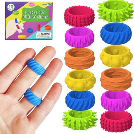 12 Pack Textured Silicone Fidget Sensory Rings with Storage Case & Color Box, Multicolor Stress Relief Toys
