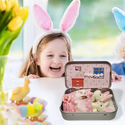 2 Pack Easter Bunny Plush Toys in Tin Box Pocket Hug Ornament Gift