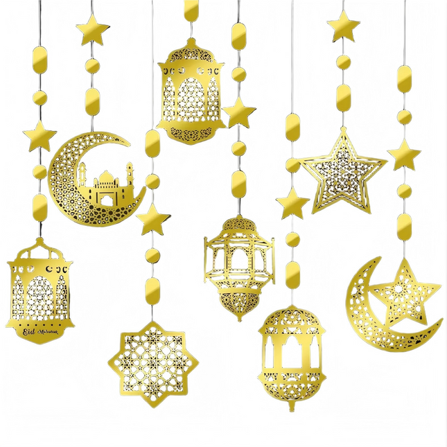8 Pcs Eid Mubarak Hanging Pendant Ramadan Islamic Muslim Party Decoration Streamer Banner
