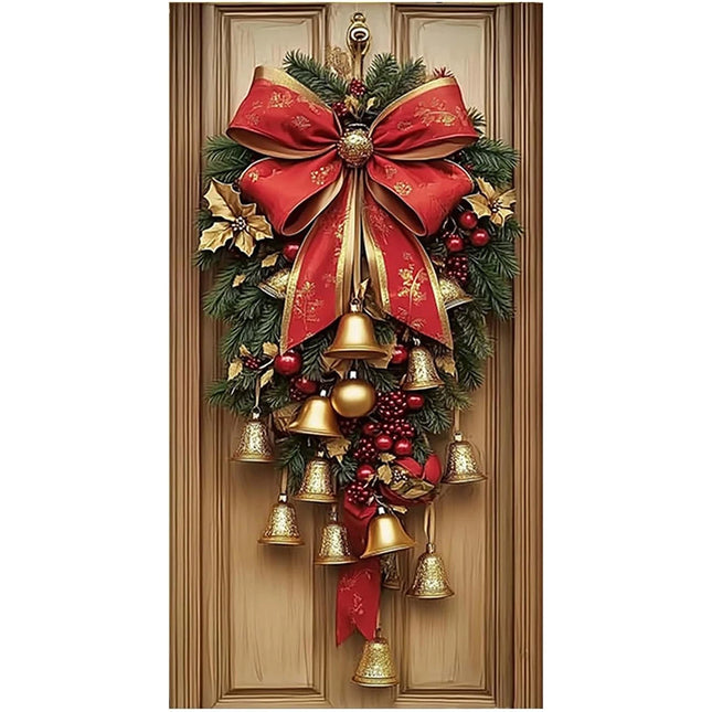180*90cm Christmas Cloth Door Cover，Bells Wreath Ornament for Wall Festival Party Decoration