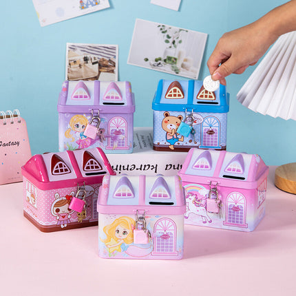 House Model Kids Money Piggy Bank Coin Saving Cash Tin Metal Box Unicorn