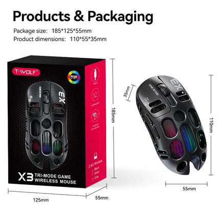 RGB Gaming Mouse, PixArt PAW3311 Sensor, 12000 DPI, 500mAh Battery, BT/2.4G Wireless/Wired Connectivity