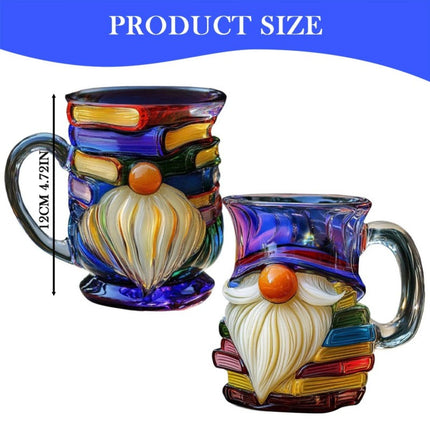 Glass 3D Painted Gnome Book Mug  Stack Coffee Cup Novelty Room Home Decor