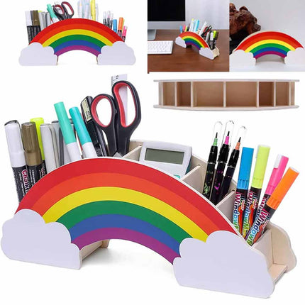 Rainbow Wooden Pen Holder DIY Pencil Container Storage Box Phone Desk Organizer