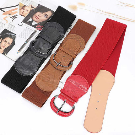 Women Ladies Faux Leather Wide Stretch Elastic Buckle Cinch Waist Wide Belt 85CM