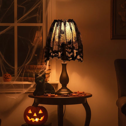 Halloween Lace Cobweb Lamp Shade Cover with Spider, Gothic Fireplace Party Decor, No Lamp Included