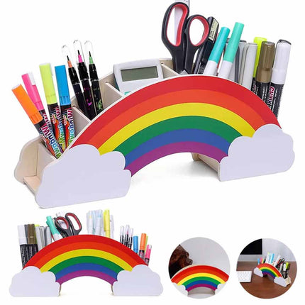 Rainbow Wooden Desk Organiser, DIY Pen & Pencil Holder with Phone Storage Compartment