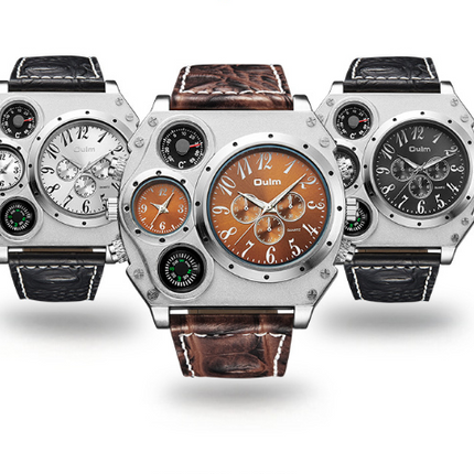 Men Army Sports Fashion Two Time Zones Big Dial Leather Strap Quartz Wrist Watch