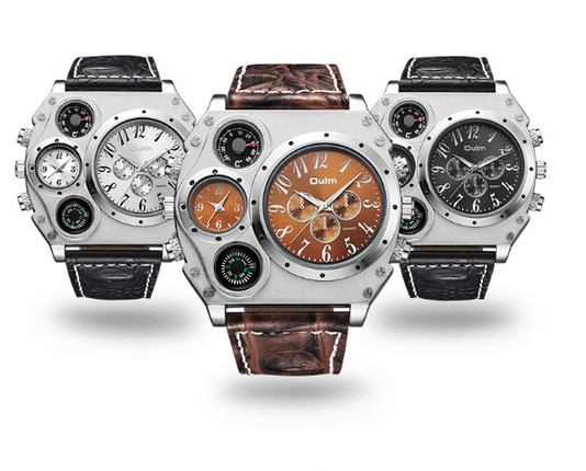 Men Army Sports Fashion Two Time Zones Big Dial Leather Strap Quartz Wrist Watch