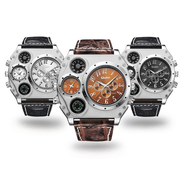 Men Army Sports Fashion Two Time Zones Big Dial Leather Strap Quartz Wrist Watch