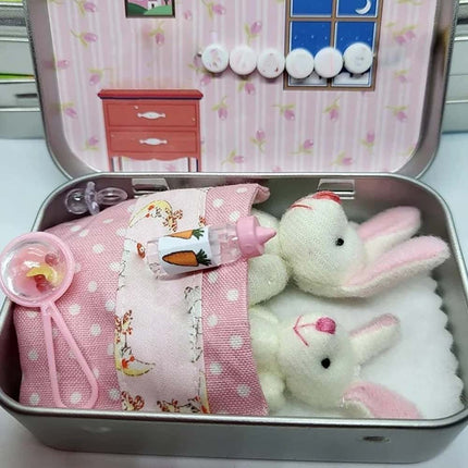2 Pack Easter Bunny Plush Toys in Tin Box Pocket Hug Ornament Gift