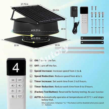 320mm Solar Roof Ventilation Fan, Hybrid Solar & Wireless Power with Remote Control