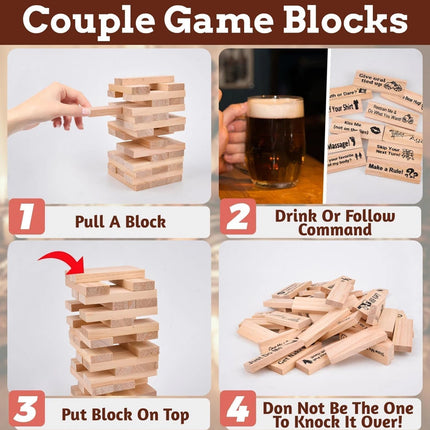 48 Blocks Wooden Tumble Tower, Adult Naughty Games, Couples Date Night Game with