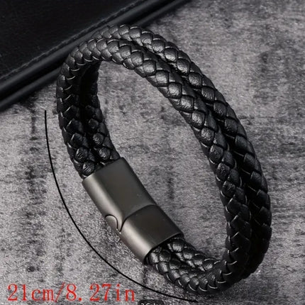 Mens Leather Braided Wristband Bracelet Stainless Steel Magnetic 6mm Black 21CM