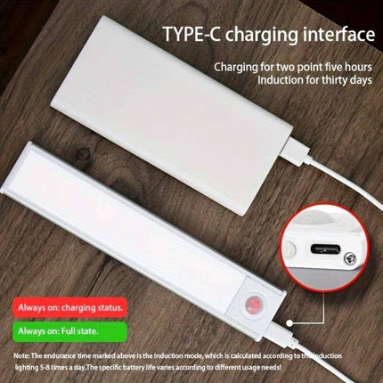 Magnetic PIR Motion Sensor LED Under Cabinet Light, USB Rechargeable Wireless Closet Lamp, Available in Black/White 30/40/50cm
