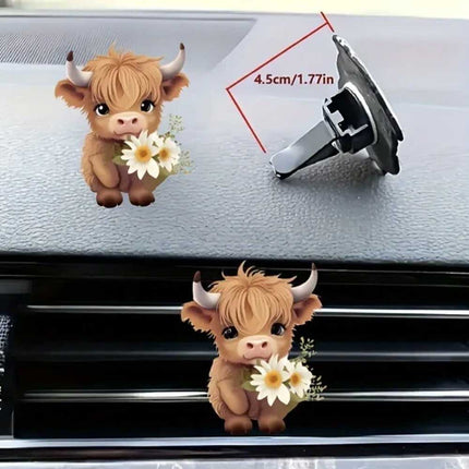2-Pack Highland Cow Car Air Fresheners Cute Acrylic Vent Clips with Floral Accents