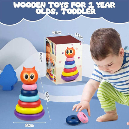 Wooden Owl Tumbler Stacking Rings, Rainbow Spinning Tower