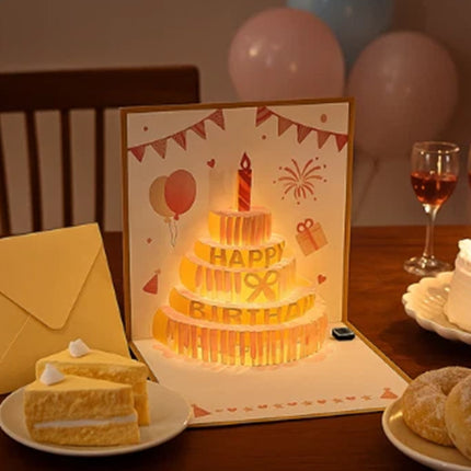 3D Pop-Up Birthday Card with LED Light, Voice Recorder - Cake & Fireworks Design