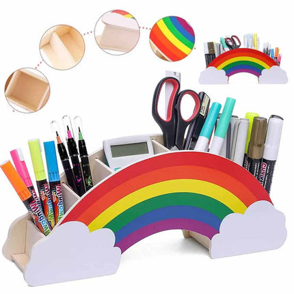 Rainbow Wooden Desk Organiser, DIY Pen & Pencil Holder with Phone Storage Compartment