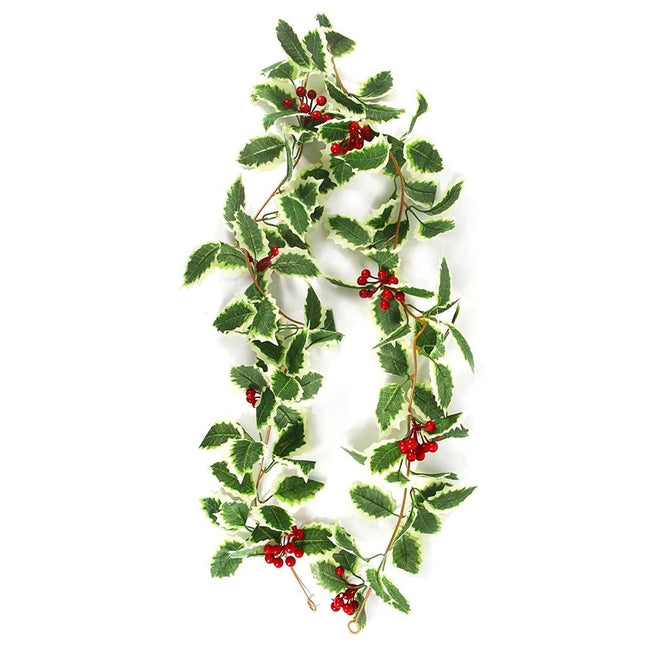 2Pcs 2.2M Holly Leaves Christmas Garland Decor – Artificial Greenery with Fake Red Berries, Perfect for Christmas Holiday Adornment