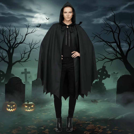 Black Gothic Hooded Cape, Medieval Halloween Bat Cosplay Cloak Costume