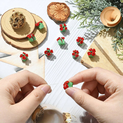 10Pcs Christmas Green Gift Box Shaped Lampwork Glass Beads, DIY Jewellery Making Accessories