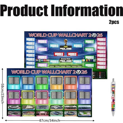 2Pcs 2026 World Cup Football Wall Chart, 87×58CM Foldable Match Schedule Poster