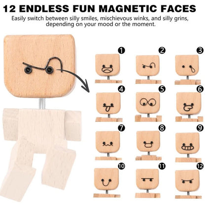 New Shaking Wooden Man Figure Decoration with 12 Magnetic Expressions Fun Swinging Desktop Ornament