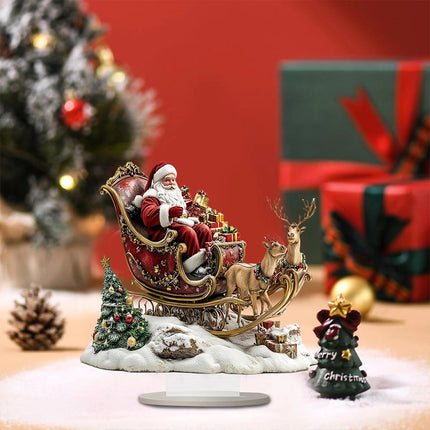 2D Santa Claus & Reindeer Sleigh Ornament, Flat Acrylic Material with Stand for Desktop Decor