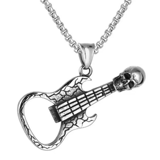 Hip Hop Biker Skull Guitar Pendant Necklace - Stainless Steel Rock Music Style Gift