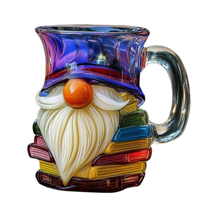 Glass 3D Painted Gnome Book Mug  Stack Coffee Cup Novelty Room Home Decor