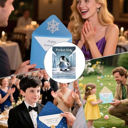 Pocket Crystal Turtle & Penguin Hug Keepsake Card Heartwarming Gift for Friends & Loved Ones