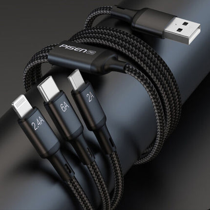 Pisen Three-In-One Aluminum Alloy Braided Data Charging Cable For iPhone Samsung